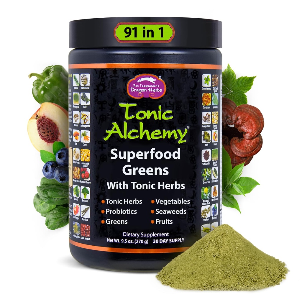 Dragon Herbs Tonic Alchemy Superfood Greens Toz 91 Malzemeler: Tonic Herbs, Ashwagandha, Mushrooms, Probiyotiks, Super Greens, Seaweeds, Meyveler, Sebzeler, Spirulina - 30 Hizmet
