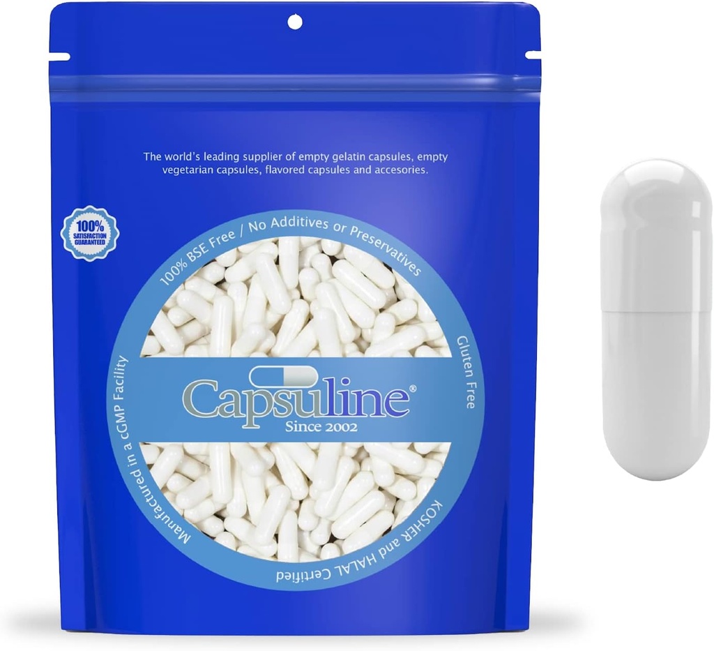 Capsuline Boyut 00 - Renkli Beyaz Boş Gelatin Capsules - 5000 Kont - Boş Gel Pill Capsules - DIY Pure Bovine Pill Capsule - Boş Caps - Kosher ve Halal Sertifikalı - Non-GMO sertifikalı