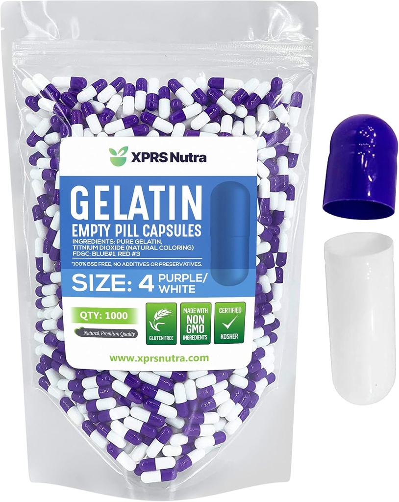 XPRS Nutra Boyutu 4 Boş Kapsüller - 100 Kont Küçük Boş Gelatin Capsules - Pills DIY Capsule - Sağlam Bovine Pill Gel Caps For Do-It- Yourself Supplements (Purple/White)