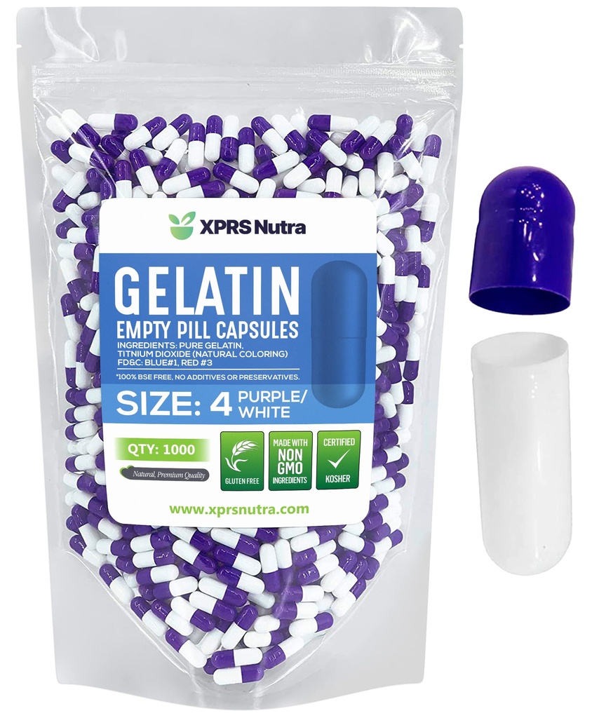 XPRS Nutra Size 4 Empty Capsules - 100 Count Small Empty Gelatin Capsules - Pills DIY Capsule Filling - Fillable Pure Bovine Pill Gel Caps for Do-It-Yourself Supplements (Purple/White)