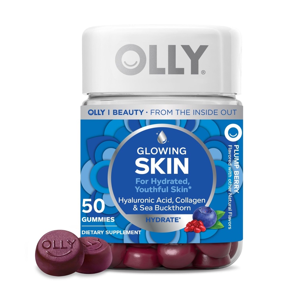 OLLY Glowing Skin Gummy, Hydrated & Youthful Skin,* Hyaluronic Acid, Collagen,, Sea Buckthorn, Plantp Berry Flavor, 25 Day Supply - 50 Count