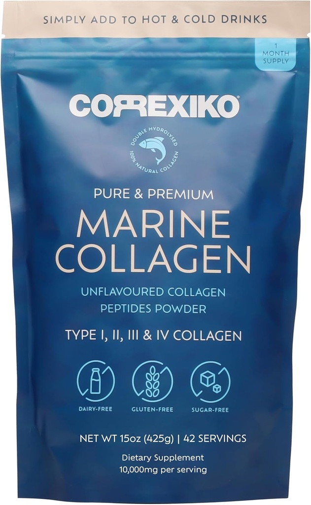 KORREXIKO Marine Collagen Toz Supplement Unflavored - 10.000 mg Double Hydrolyzed Collagen, per Servis başına - Maksimum Aborpsiyon için Formüle - Saç, Skin & Nails - 15oz, 42 Hizmet