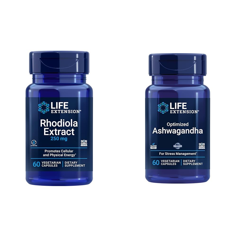 Life Extension Rhodiola ve Ashwagandha Extract Sche, Rhodiola rosea ve ashwagandha Supplements, 60 Capsules Every