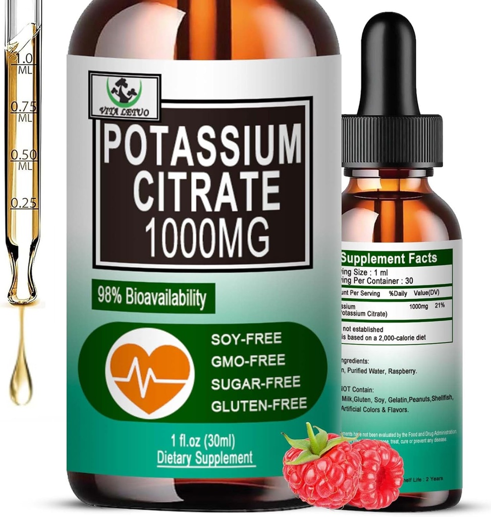 Citrate κάλιο Υγρές σταγόνες,Potassium συμπλήρωμα 1000mg Liquid Support Μυϊκό Κραμπ Ανακούφιση, Heart Health and Sleep,Υψηλά απορροφήσιμο για ενήλικες γυναίκες & άνδρες, Vegan, 30 υπηρεσίες