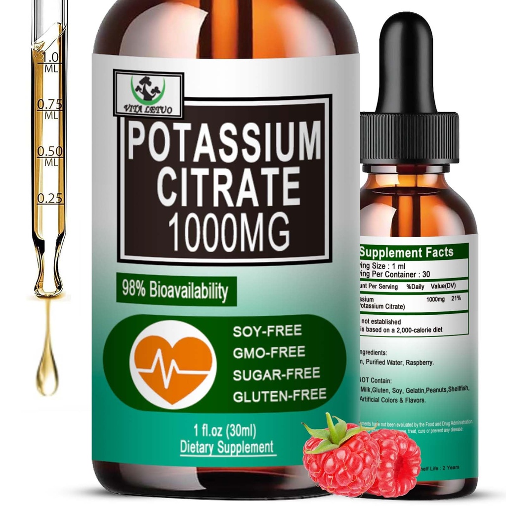 Potasyum Citrate Liquid Drops,Pyum Supplement 1000 mg Sıvı Destek Kas Cramp Relief, Heart Health and Sleep,Highly Absorbable for Yetişkinler Women & Men, Vegan, 30 Hizmet