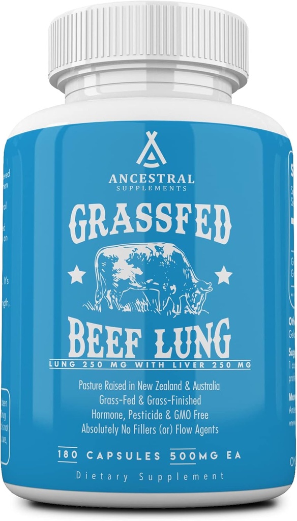 Ancestral Supplements Grass Fed Beef Lung Supplement with Liver, 500 mg, Lung ve Liver Supplement Supports Lung, Respiratory, Vascular, and Circulatory Health, Non-GMO, 180 Capsules