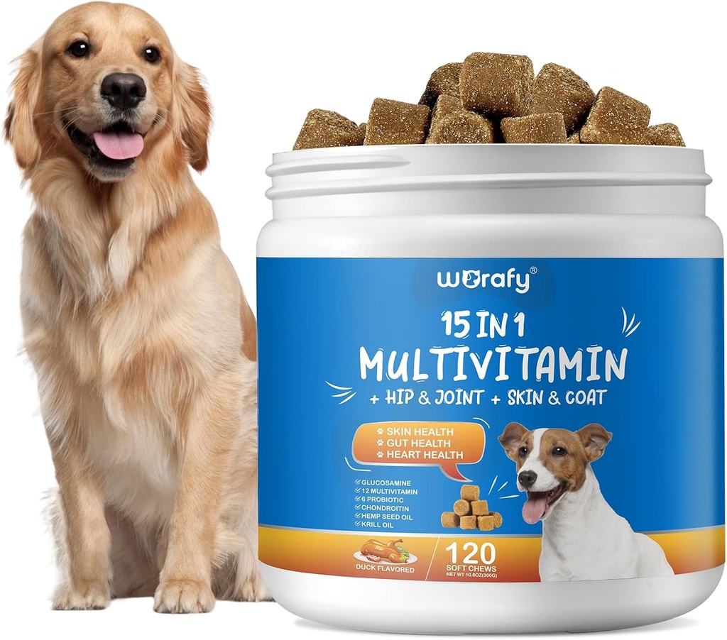 15-σε-1 Multivitamin Dog Συμπληρώματα - Dog Multivitamin Chewable - Ανοσία, Θήκη, Κοινή και Καρδιά Υγεία Υποστήριξη για το δέρμα, Καρδιά Coat, ανοσοποιητικό σύστημα - για όλες τις ηλικίες Όλες οι Φυλές (120 Counts)