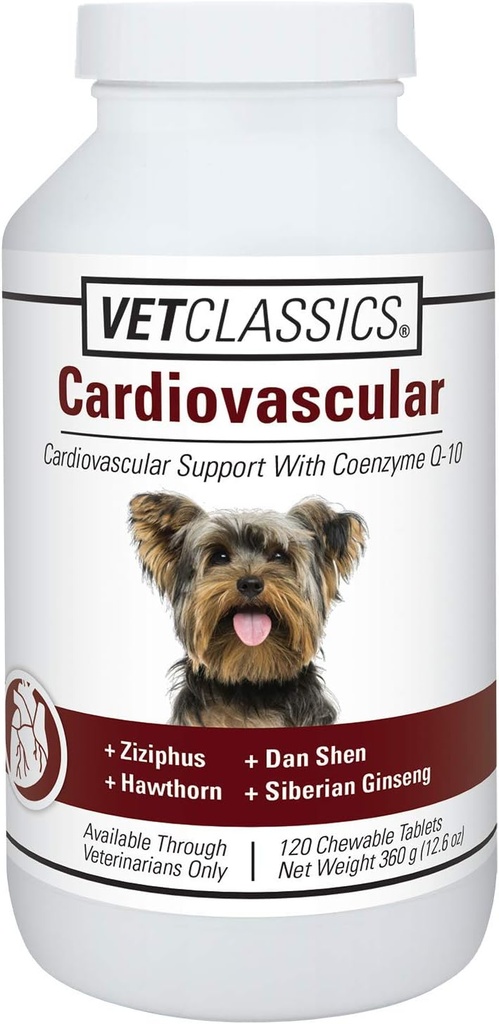 Vet Classics Cardiovascular Support with Coenzyme Q-10 for Dogs, Supports Cardiovascular System with Ziziphus, Dan Shen, Hawthorn, & Sibirya SMA, 120 Chewable Tabletler