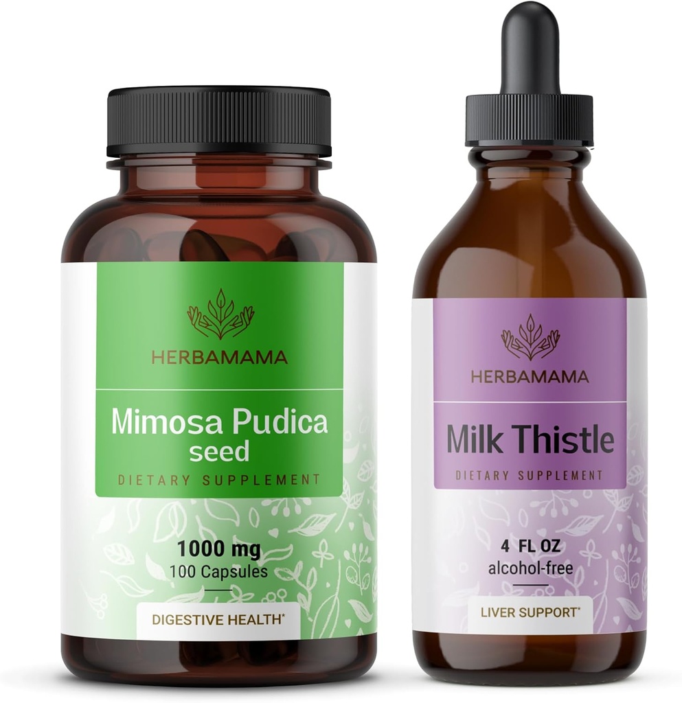 HERBAMAMA Mimosa Pudica ve Milk Butle Kit - 1000 mg Mimosa Pudica Capsules & Milk Butle Tincture 4 fl oz - Vegan, Non-GMO, Sugar & Alkol-Free - 2 Pack