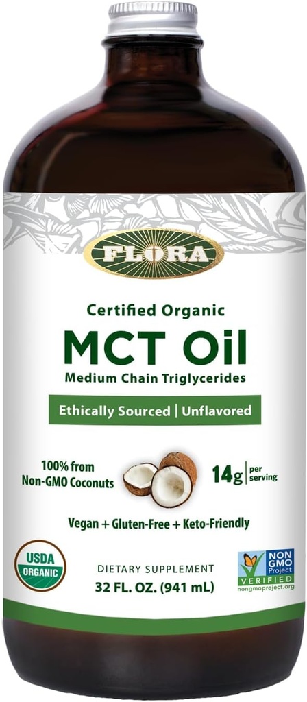 Flora - MCT Oil Sertifikalı Organik - Destekler Kas Enerji ve Beyin Sağlığı - C8 Caprylic Acid & C10 Capric Acid - Non-GMO, Gluten-Free, Vegan & Keto-Friendly - 32 fl. oz. Şişe cam şişe