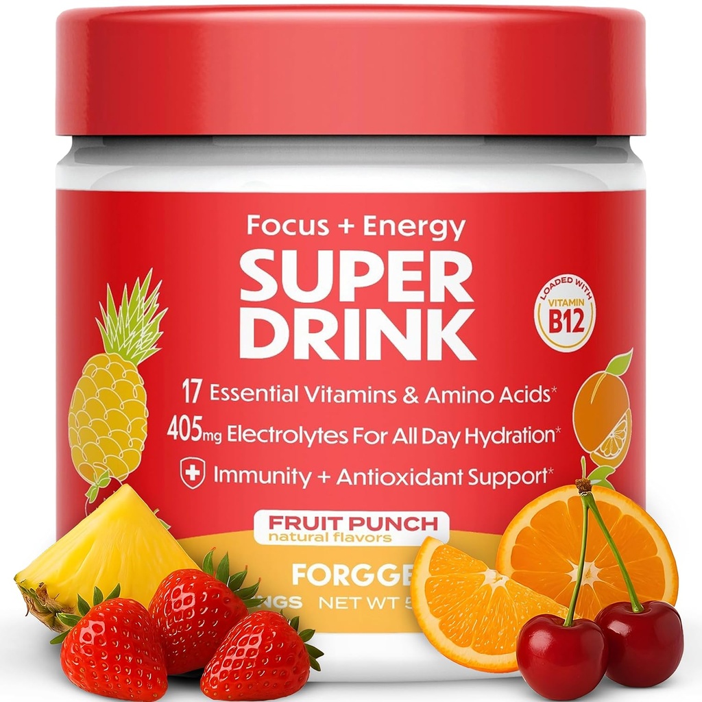 Forgge Healthy Energy Drink Powder Mix - Καθαρή καφεΐνη + B12, B6, C & D Βιταμίνες - Ζάχαρη Δωρεάν Ενέργεια Ποτό σε σκόνη με ηλεκτρολύτες, Αμινοξέα, Αντιοξειδωτικά, Λιοντάρια Μάνε - Vegan, Keto-Friendly - 30 SVG, Fruit Punch