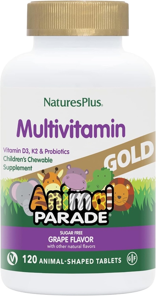 Natures Plus Animal Parade Gold Children's Multivitamin, Grape Flavor - 120 Chewable Animal Şekild Tabletler - Vegan, Gluten Free - 60 Hizmetler