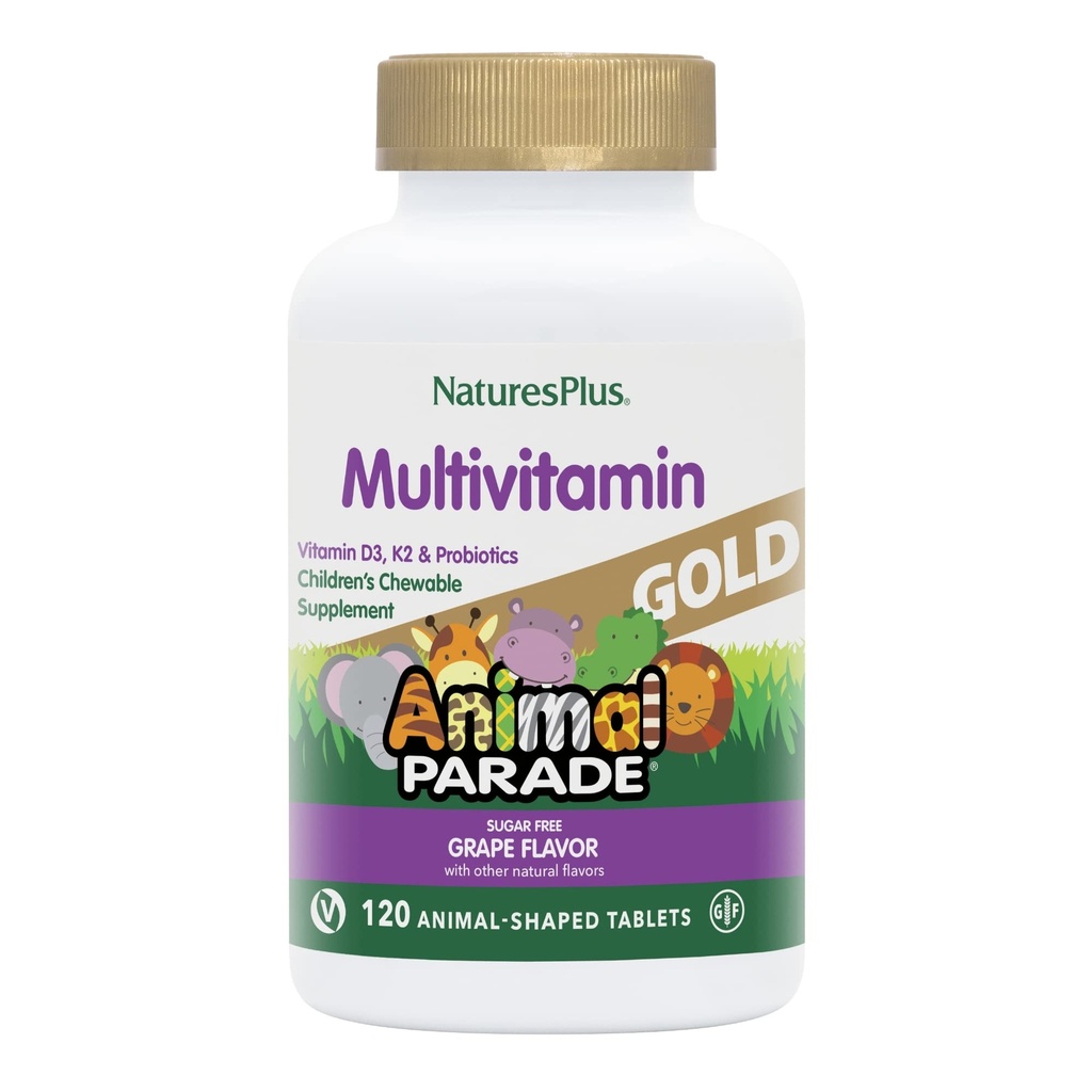 NaturesPlus Animal Parade Gold Children's Multivitamin, Grape Flavor - 120 Chewable Animal Shaped Tablets - Vegan, Gluten Free - 60 Servings