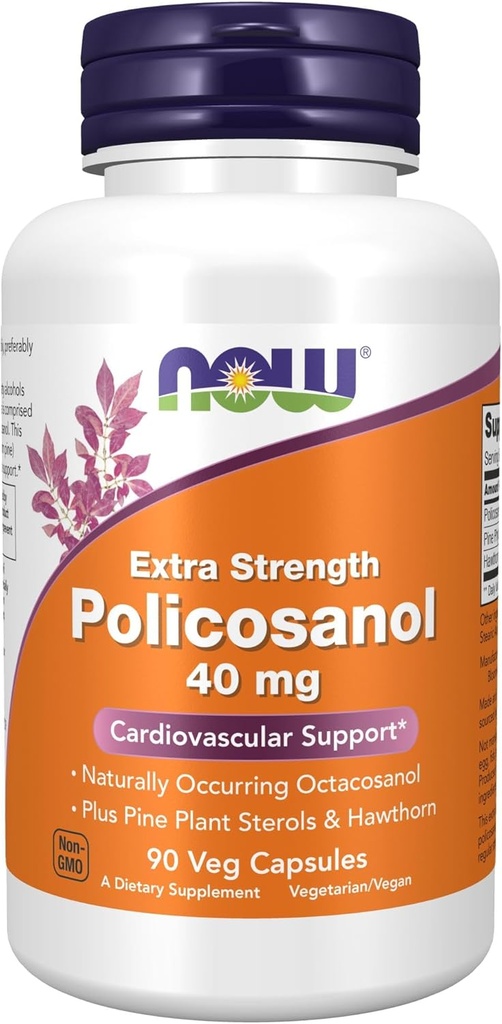 NOW Συμπληρώματα τροφίμων, Policosanol 40mg με στερόλες και Hawthorn, επιπλέον δύναμη, 90 κάψουλες Veg
