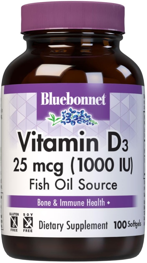 Διατροφή Bluebonnet Βιταμίνη D3 1000 IU Softgels, Βοηθήματα στη μυϊκή και σκελετική ανάπτυξη, Cholecalciferol από ιχθυέλαιο, μη ΓΤΟ, Χωρίς γλουτένη, Χωρίς σόγια, Χωρίς γαλακτοκομικά, 100 Softgels