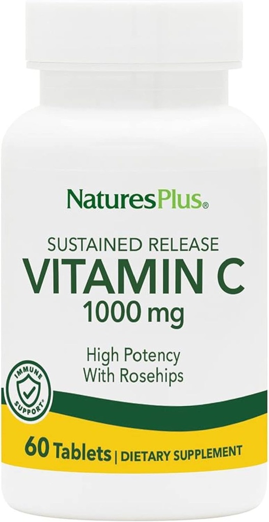 NaturesPlus Παρατεταμένη απελευθέρωση 1000 mg Βιταμίνη C - 60 δισκία - Με Rose Hips - Χορτοφαγικά, Χωρίς Γλουτένη - 60 Σερβιέτες