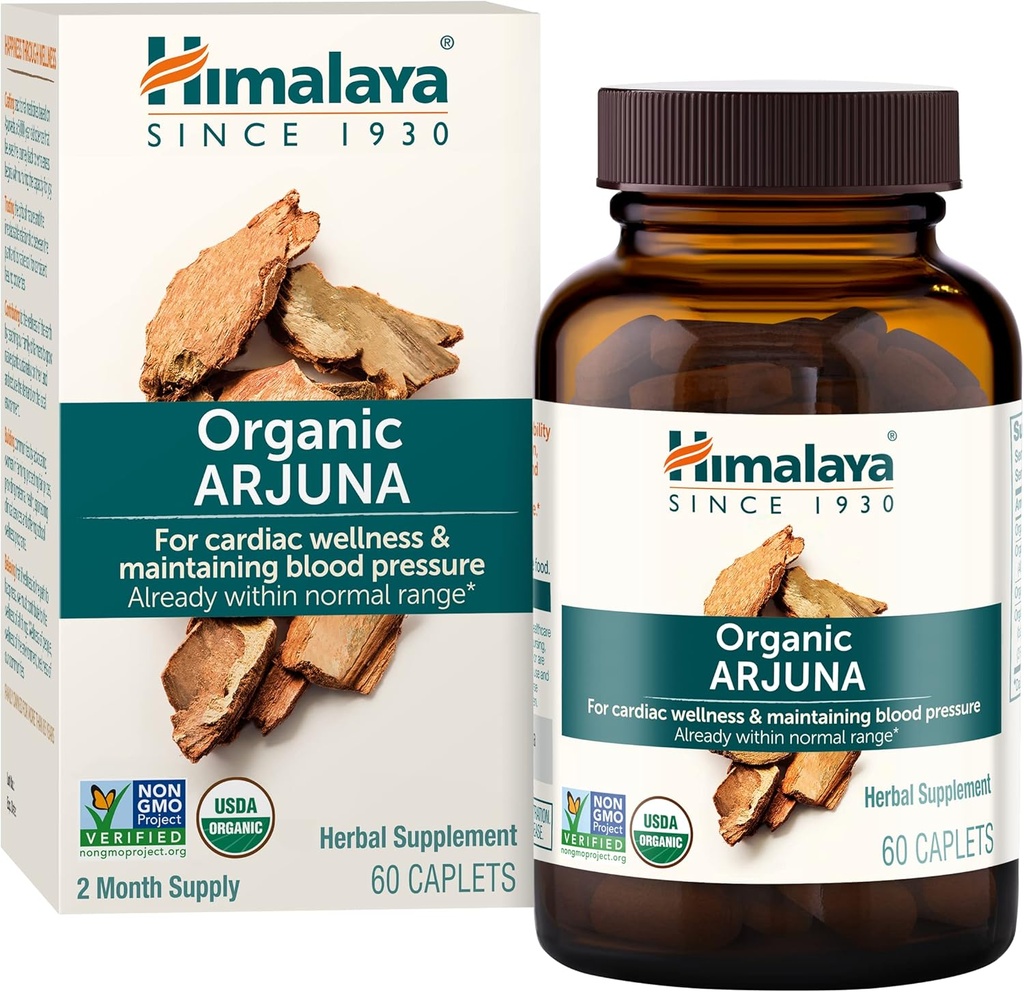 Himalaya Organik Arjuna, 60 Day Supply - Herbal Supplement Kalp Sağlığı ve Normal Kan basıncı - USDA Organik, Vegan, Non-GMO, Gluten Free, 700 mg, 60 Caplets