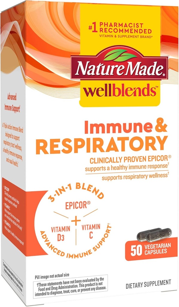 Doğa Made Wellblends Immune & Respiratory, EpiCor Postbiyotik, C, Vitamin D3, Advanced Immune Support Supplement, 50 Vegetarian Capsules