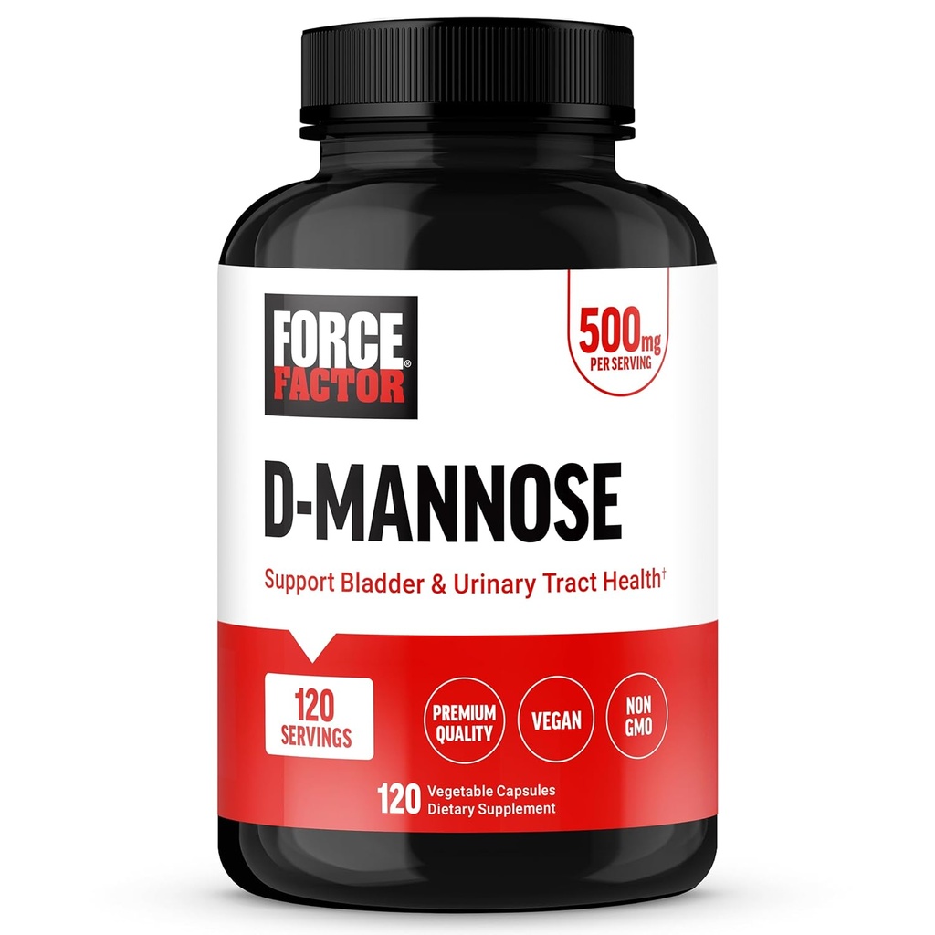 FORCE FACTOR D Mannose, D-Mannose 500 mg Supplement to Support Urinary Tract Health for Women and Men, Bladder Control Supplements, Premium Quality, Vegan, Non-GMO, 120 Capsules