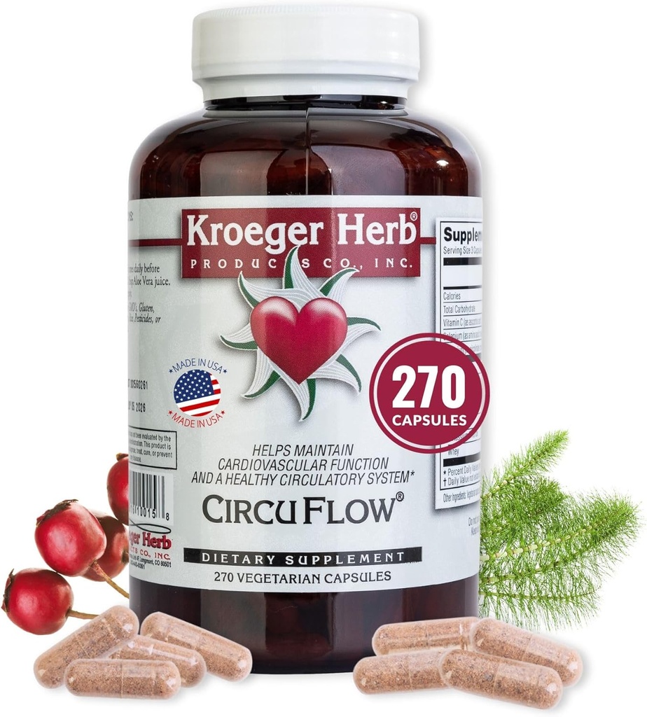 Kroeger Herb Products, Circu Flow, Hawthorn Supplement for Heart Support, Daily Circulation Supplement, Προωθεί Καρδιαγγειακή λειτουργία με Hawthorn Berry, Μη ΓΤΟ, 270 Κάψουλες, Made in USA