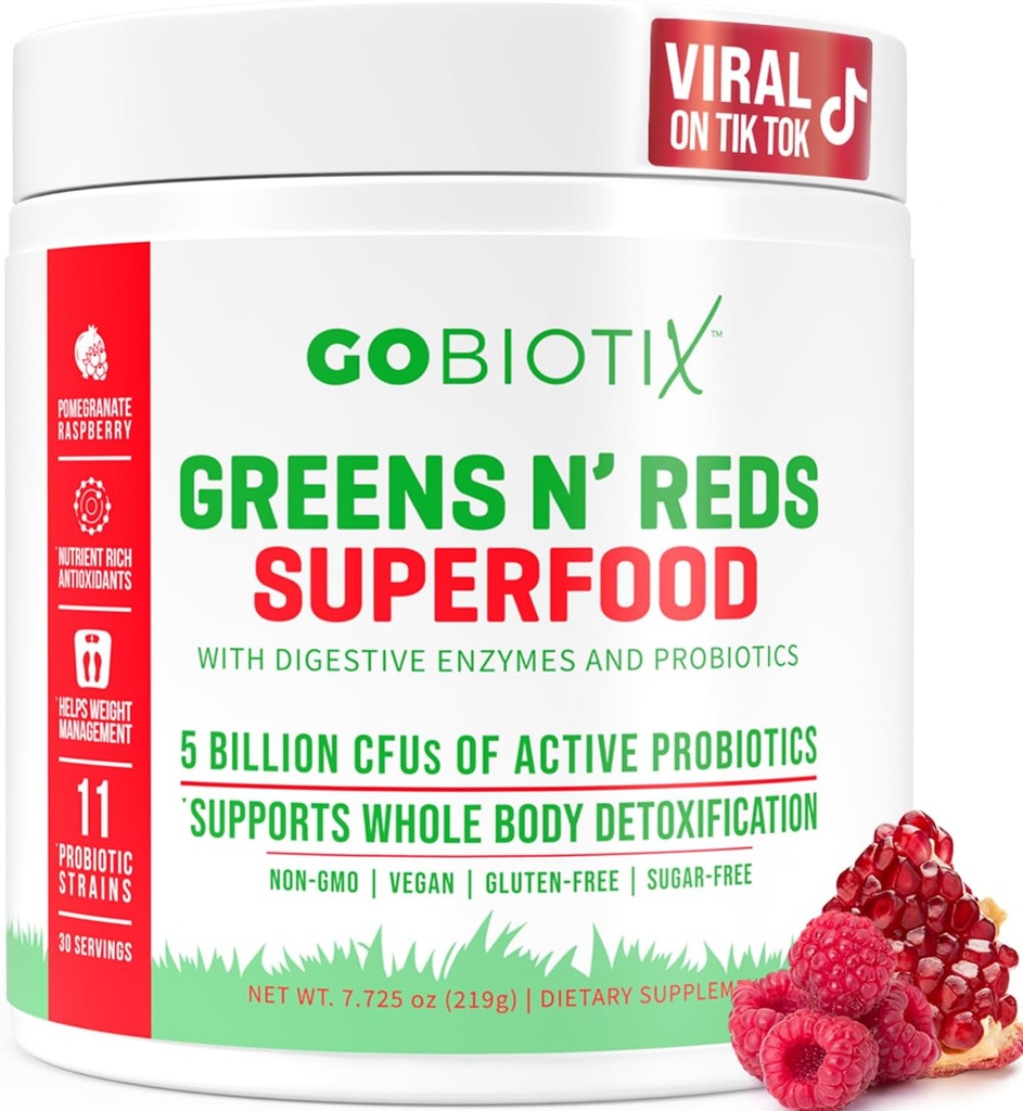 GOBIOTIX Super Greens ve Reds Toz - Red ve Green Superfood - Probiyotik Supplement - Digestive Enzymes and Beet Root Toz - Organik Tüm Gıdalar Diyetsel Tamam (Pom Raspberry, 1 Pack)