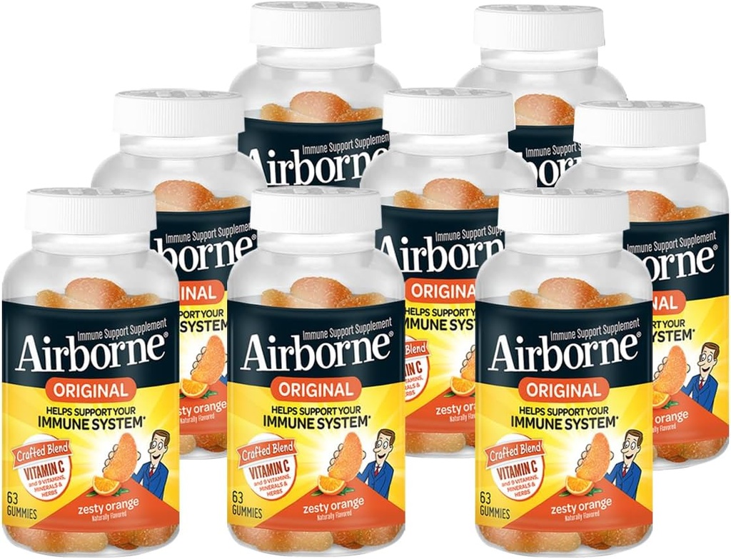 Airborne 750mg Βιταμίνη C Ανοσοποιητική υποστήριξη Gummies συμπλήρωμα για ενήλικες, Zesty Γεύσεις Πορτοκαλί, Gluten Free Crafted Blend με Ισχυρές Αντιοξειδωτικές Βιταμίνες A C & E, 63 Gummies (8 Pack)