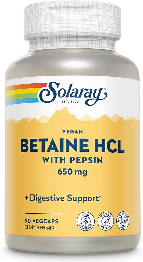 SOLARAY Vegan Betaine HCL with Pepsin - Hydrochloric Acid Supplement for Digestive Health - with Betaine Hydrochloride and Digestive Enzymes - Gut Health Support - 60-Day Guarantee, 90 VegCaps