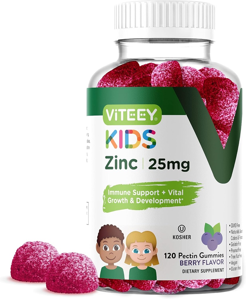 Çocuklar için Viteey Bora, 25mg - Çocuklar ve Gençler için Immune Destek - Güçlü Doğal Antioksit, Çocuklar çinko Vitamin Tamam - Vegan, Gelatin Free, Gluten Free - Tasty Chewable Berry Flavor Gummy