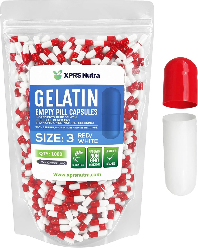 XPRS Nutra Μέγεθος 3 Κενές κάψουλες - 1000 Count Empty Gelatin Κάψουλες - Χάπια DIY Καψάκιο Γέμισμα - Αγνά καπάκια τζελ για τα χάπια των βοοειδών Γέμισμα για Do-It-Yourself Βιταμίνες και συμπληρώματα (Red/White)