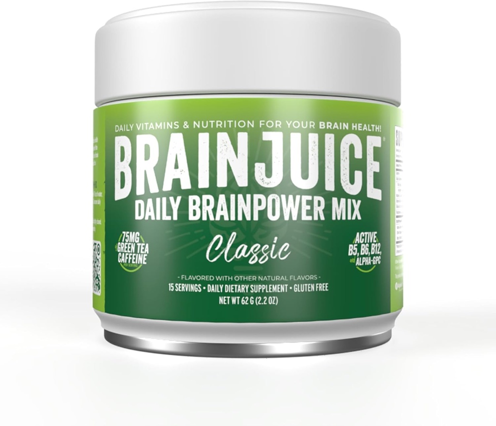 BeyinJuice Nootropics Brain Support Supplement, Gluten Free Toz for Energy and Focus, Drink Mix with L Theanine, Alpha GPC, Vitamin B, Organik Yeşil Çay Ekle Caffeine, Classic, 15 Hizmet