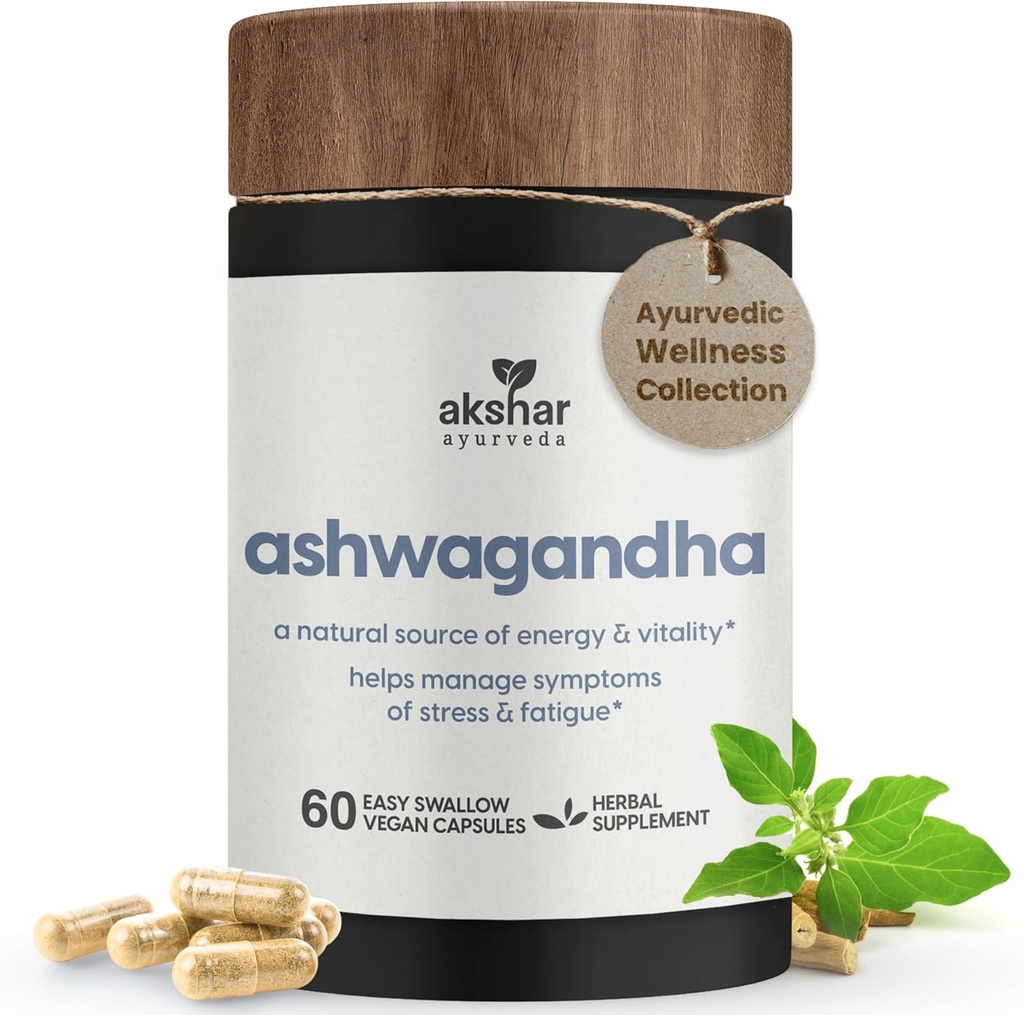Akshar Ayurveda - Ashwagandha Capsules with Ashwagandha Root Extract and Toz - Stres, Mood, Energy & Vitality - Vegan Cruelty-Free Ashwagandha Supplements (60 Kont)