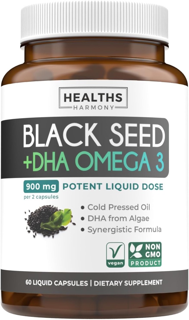 Cold-Pressed Black Seed Oil Capsules - Vegan Non-GMO Nigella Sativa Black Seed Oil Supplement with Omega 3 DHA for Full Body Wellness & Brain Support - Omega 3 & Youmoquinone-Rich (1 ay)