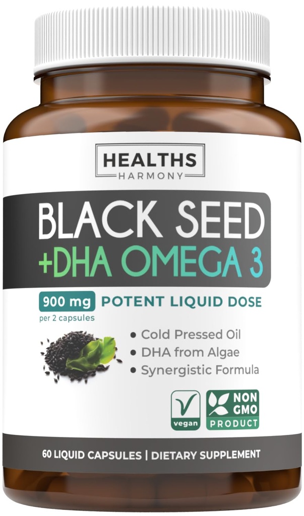 Cold-Pressed Black Seed Oil Capsules - Vegan Non-GMO Nigella Sativa Black Seed Oil Supplement with Omega 3 DHA for Full Body Wellness & Brain Support - Omega 3 & Youmoquinone-Rich (1 ay)