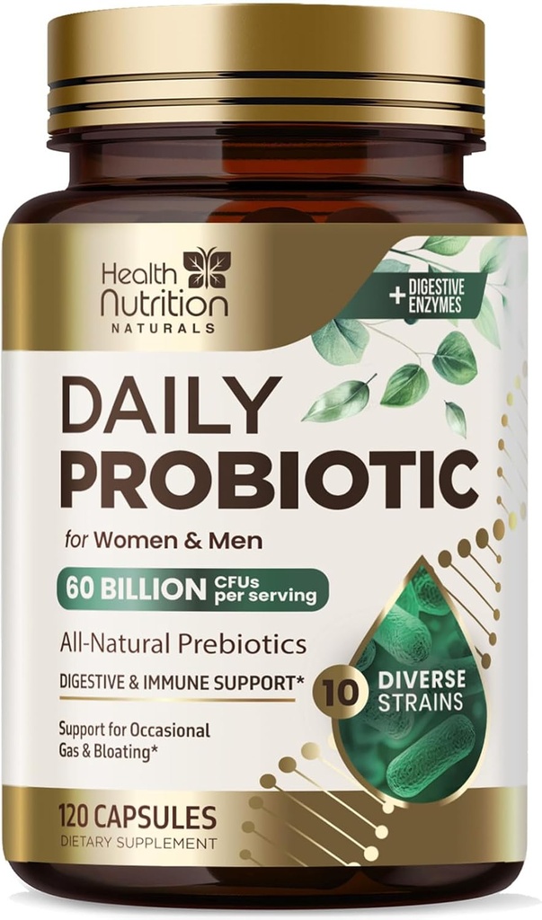 Probiotics 60 Δισεκατομμύρια CFU + 10 Strains - Καθημερινή Προβιοτική Lactobacillus Blend για την ανοσοποίηση, Digestive & Gut Health Support, Prebiotics and Probiotics, Gas & Bloating για γυναίκες & άνδρες - 120 κάψουλες