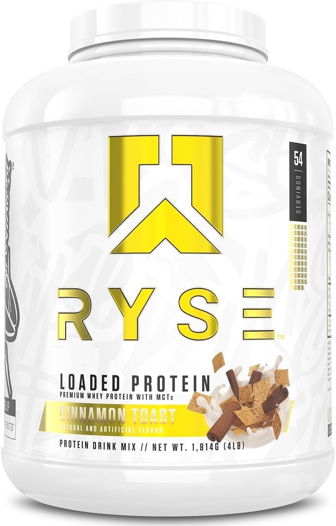 RYSE Loaded Protein Powder - Τοστ κανέλας - 25g Whey Protein Isolate & Concent with Prebiotic Fiber & MCTs - Χαμηλός υδατάνθρακες, χαμηλή ζάχαρη, Digestive-Friendly - 54 σερβιέτες / 4 lb Tub