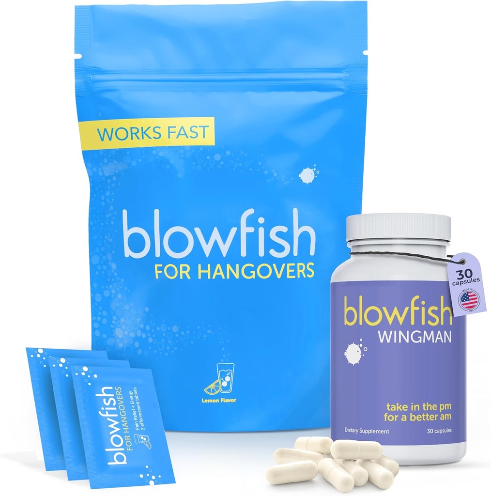 Blowfish Wingman για Hangovers – Το Ultimate Night + Day Hangover Fighting System. Knock Out Hangovers με 30 κάψουλες Wingman και 20 δισκία EFFERVESCENT