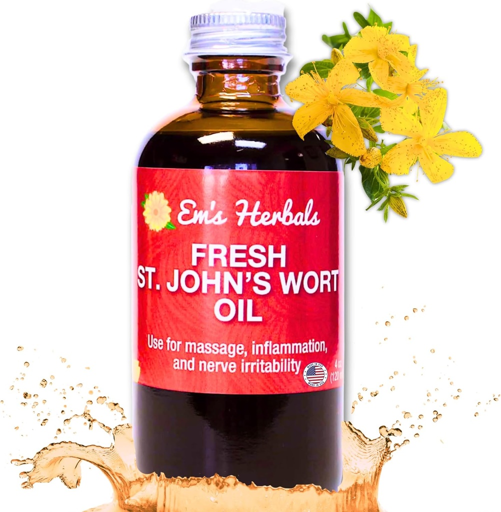 Em's Herbals Fresh St. John's Wort Oil - Wild Harvested in USA, Natural Solution for Nerve Discomfort, Skin Eruptions, Yara Bakımı, Scar, ve Marks - Skin, Face, Body, Hair, Masaj yağı (4 Oz)
