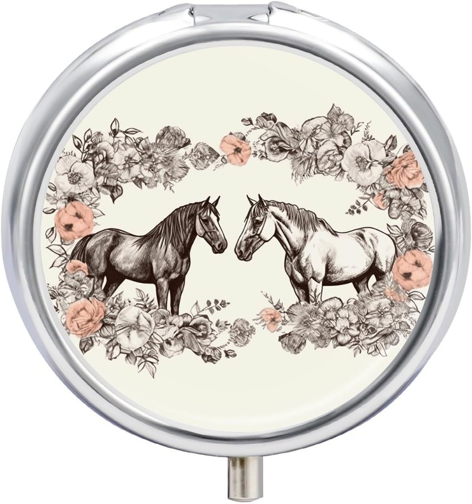 Round Metal Pill Box, Flowers and Horses Hand Drawn Printed Travel Pill Organizer Portable Pill Container Small Pill Box for Purse and Pocket for Storring Vitamins, Medicines and Συμπληρώματα