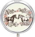 Round Metal Pill Box, Flowers and Horses Hand Drawn Printed Travel Pill Organizer Portable Pill Container Small Pill Box for Purse and Pocket for Storring Vitamins, Medicines and Συμπληρώματα