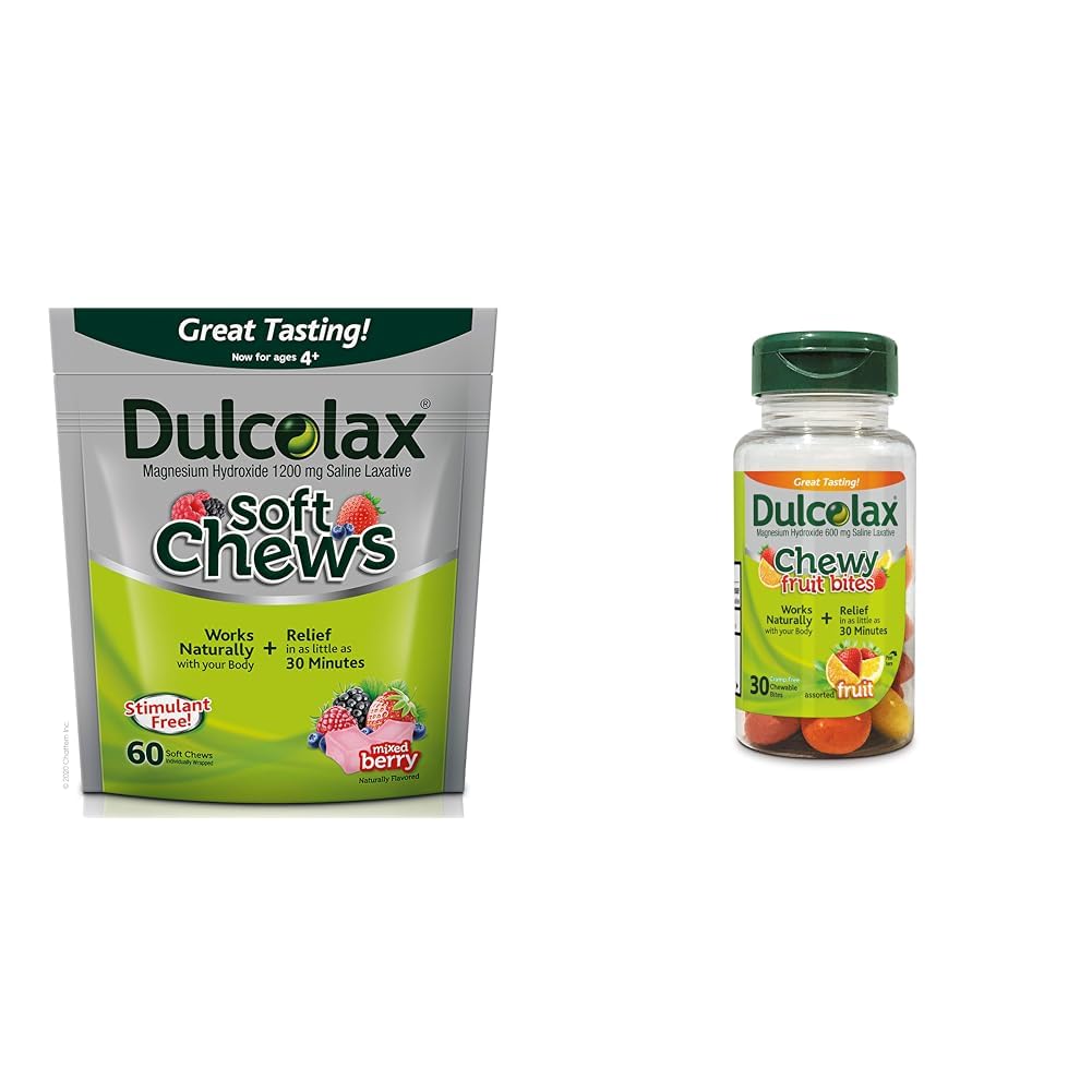 Dulcolax Soft Chews Saline Laxative Mixed Berry (60ct) Απαλή δυσκοιλιότητα, Μαγνήσιο Hydroxide 1200mg & Chewy Fruit Bites, Αλάτι Laxative, Ποικιλόμορφο Φρούτο (30ct) Crumb-free Constipation Relief