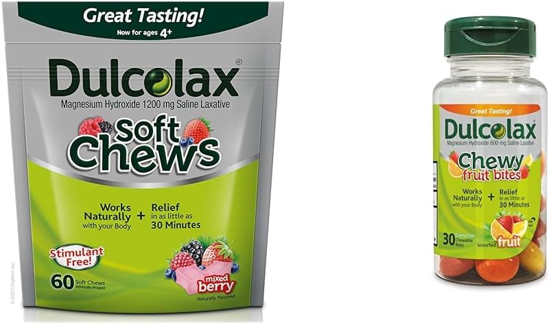 Dulcolax Yumuşak Chews Saline Laxative Karma Berry (60ct) Centime Yardımı, Magnezyum Hydroxide 1200 mg & Chewy Meyve Bitleri, Saline Laxative, Assorted Meyve (30ct) Cramp-Free Constipation Relief