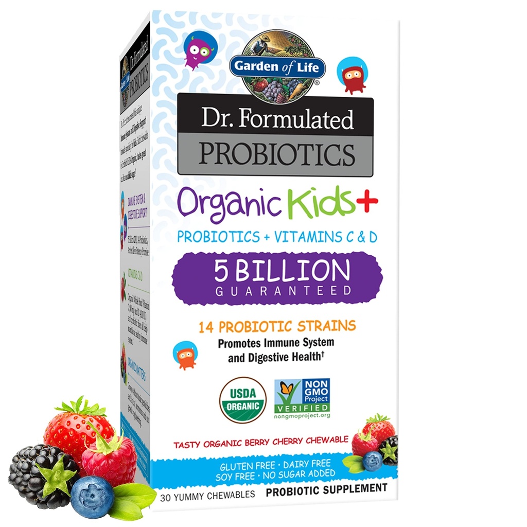 Life Kids Probiyotiks, Dr. Formulated Probiyotiks Organic Kids+ Vitamin C & D, Berry Cherry, Gluten Süt & Soy Free Immune & Digestive Health Supplement, 30 Chewables
