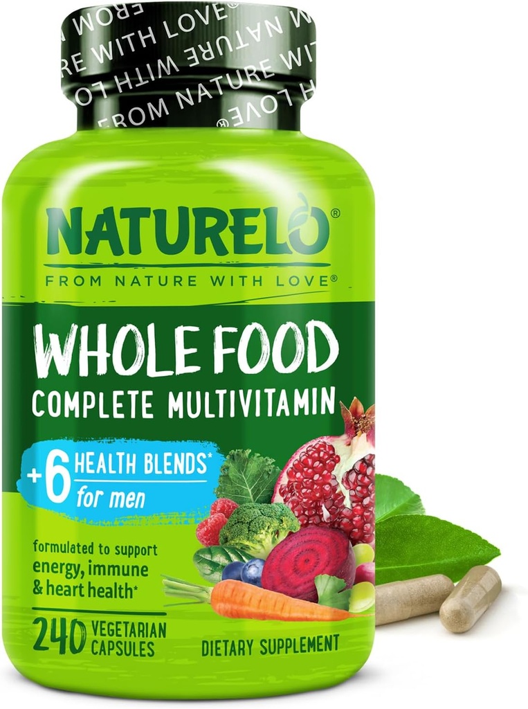 NATURELO Mens Multivitamins - Ολόκληρα τρόφιμα Πολυβιταμίνη για άνδρες με βιταμίνες, ορυκτά - 240 κάψουλες χορτοφάγων για ενέργεια, εγκέφαλο, καρδιά, υγεία ματιών*