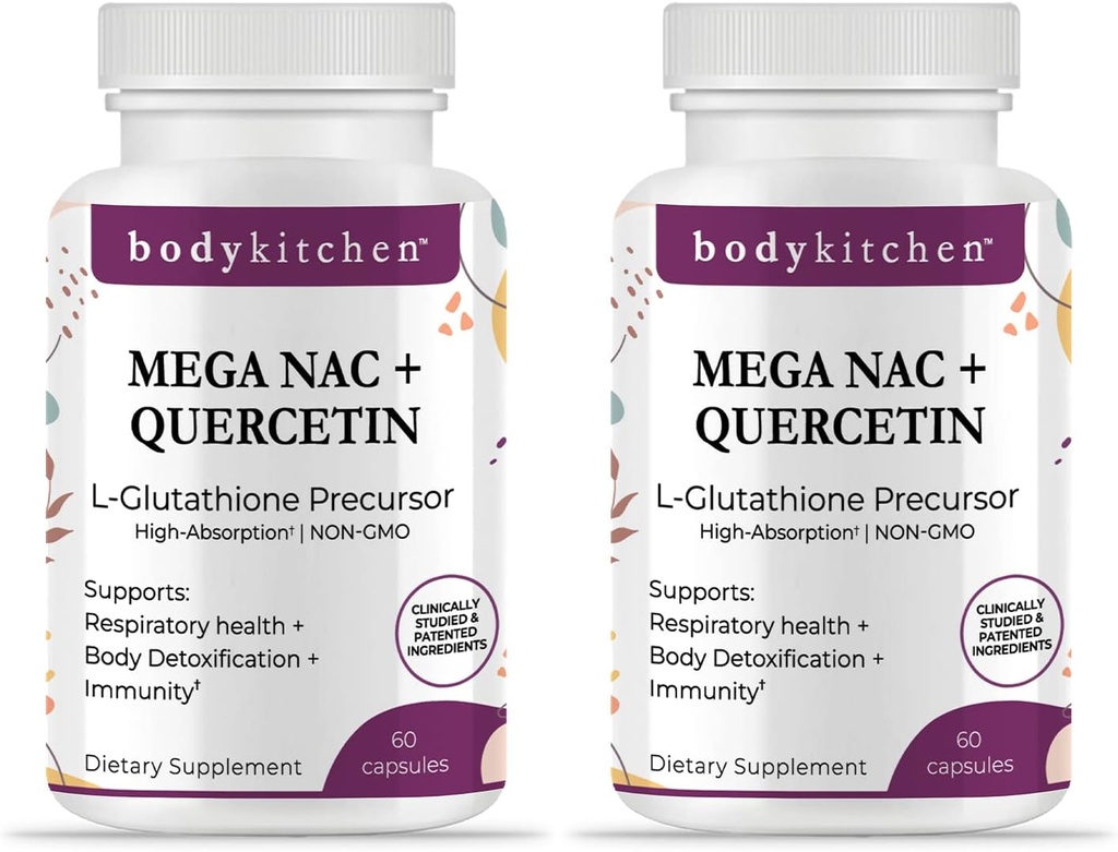 Body Kitchen Mega NAC (N-Acetyl Cysteine) Quercetin ile 600 mg, Supports Respiratory Health and Immune Function and Promosyons Liver and Kidney Detox, Veggie Caps, (Pack of 2)