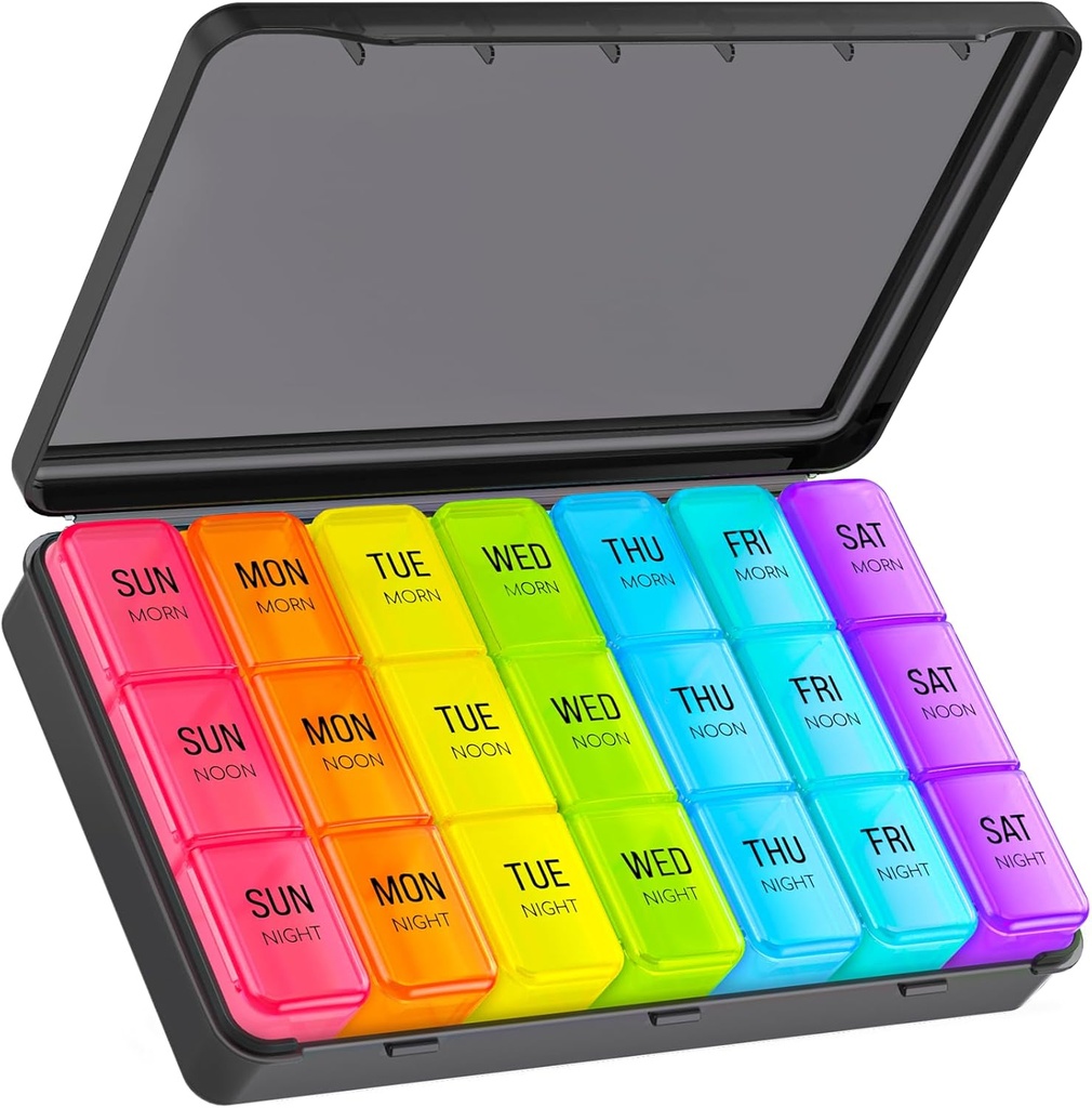 Büyük Pill Organizer 3 Zaman Bir Gün, Haftalık Pill Box 7 Gün Siyah Dış Gizlilik Koruma ve Işık Kanıtı, Kullanıcı Dostu ve Portre Pill Vakası, Balık Yağları, Tamamlar