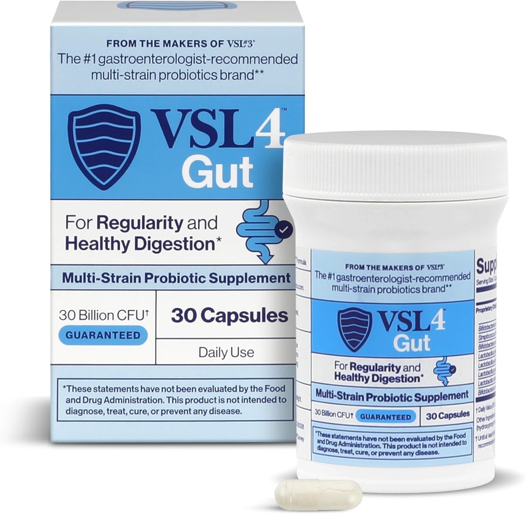 VSL4® Gut Daily Probiyotiks for Gut Health - 30B CFUs, Multi-Strain Digestive Support for Women & Men, Gut Balance & Regularity, Potent, Raf-Stable Probiyotik Supplement, 30 Capsules
