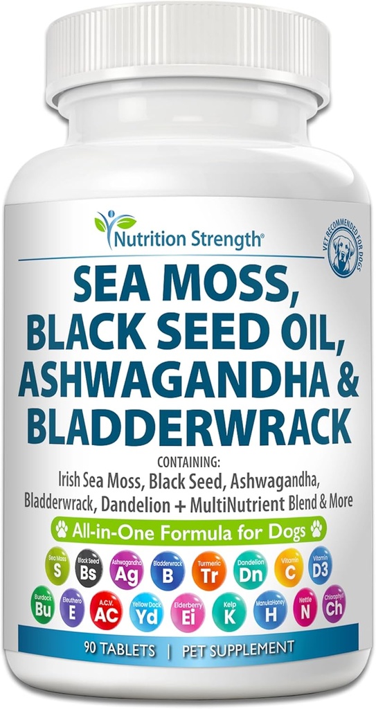 Sea Moss for Dogs 750mg Black Seed Oil 500mg Ashwagandha 250mg Turmeric 250mg Bladderwrack 250 mg Dandelion 250 mg & Vitamin C Vitamin D3 with Elderberry Manuka Sarı Dock 90 Tabletler