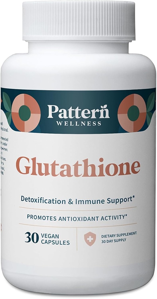 Pattern Wellness Glutathione Supplement - Active Reduced Glutathione Formula with Added Vitamin C - Cell, Antioxidant, + Immune Health Support - 30 Vegan Capsules
