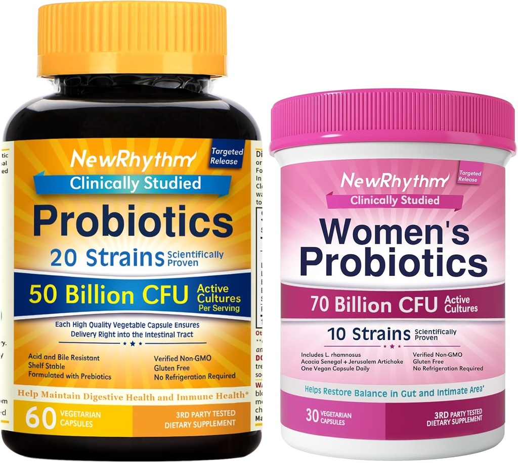 NewRhythm Gut & Feminine Health Sche, Probiyotiks 50 Milyar CFU & Women's Probiyotiks 70 Milyar CFU, Daily Gut Health & Feminine Care, 90 Capsules Total (Pack of 2)