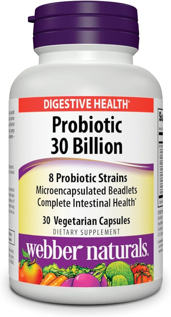 Webber Naturals Probiyotiks, High Potency, 30 Milyar CFU, Erkekler, Kadınlar ve Yetişkinler için, Raf Stable (No Refrigeration Required), 8 Probiyotik Strains, 30 Vegetarian Capsules, for Digestive Health